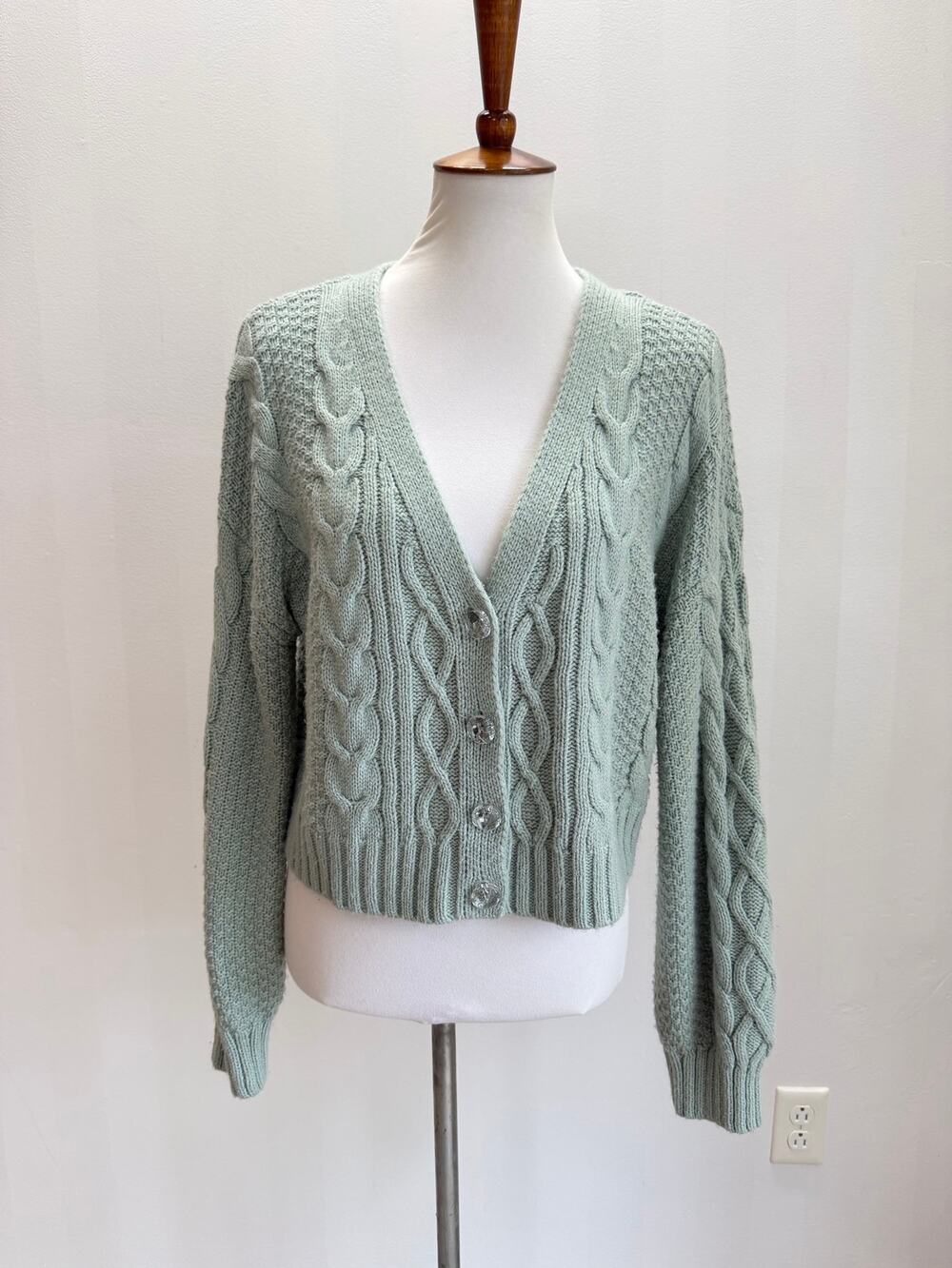 Pink Rose Mint Green Cable Knit Cropped Cardigan Sweater Sz L Cottagecore